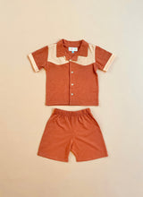 Load image into Gallery viewer, boys vintage brown western shirt and shorts set