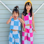 girls blue and white checkered colorful pants set outfit 