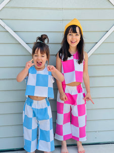 girls blue and white checkered colorful pants set outfit 