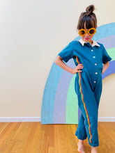 Load image into Gallery viewer, kids groovy retro style blue and rainbow utility jumpsuit