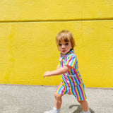 toddler boy wearing colorful shirt and shorts summer outfit