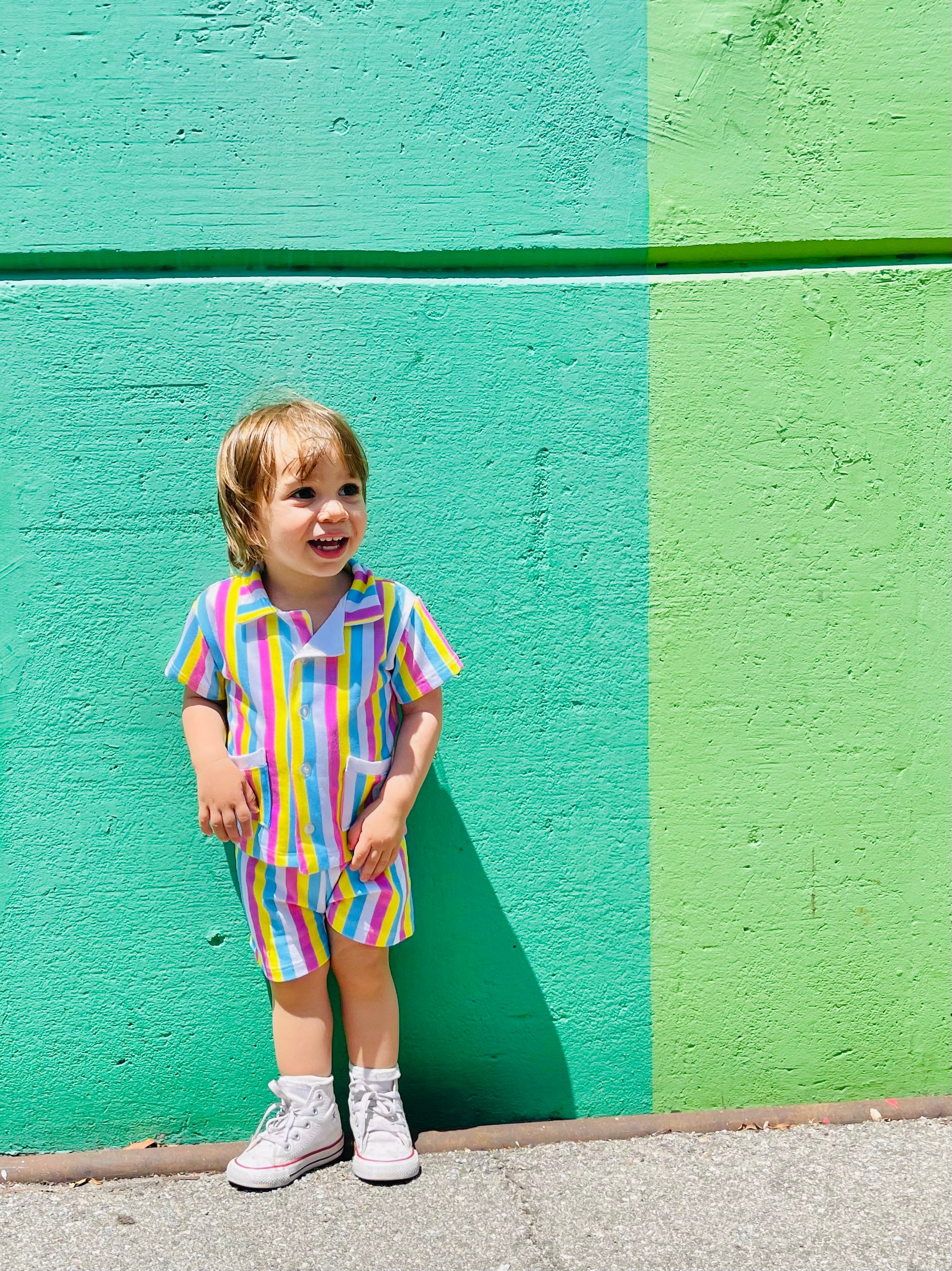 baby boy wearing colorful retro cabana set outfit 