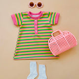 Girls Shift Dress - Green/Pink/Yellow Stripe