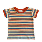 Striped t-shirt with orange collar and sleeves on a light background