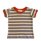 Striped t-shirt with orange collar and sleeves on a light background