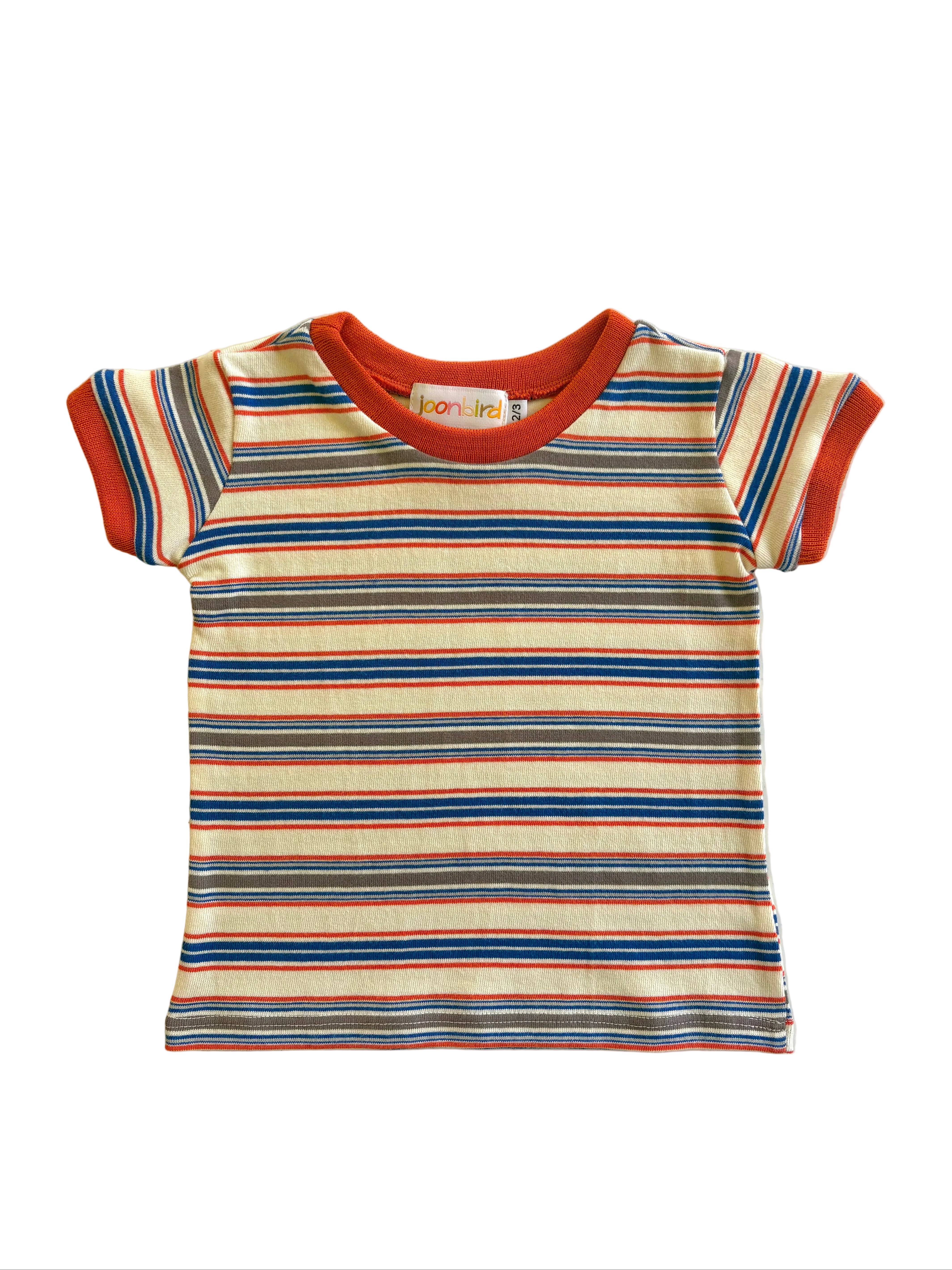 Striped t-shirt with orange collar and sleeves on a light background