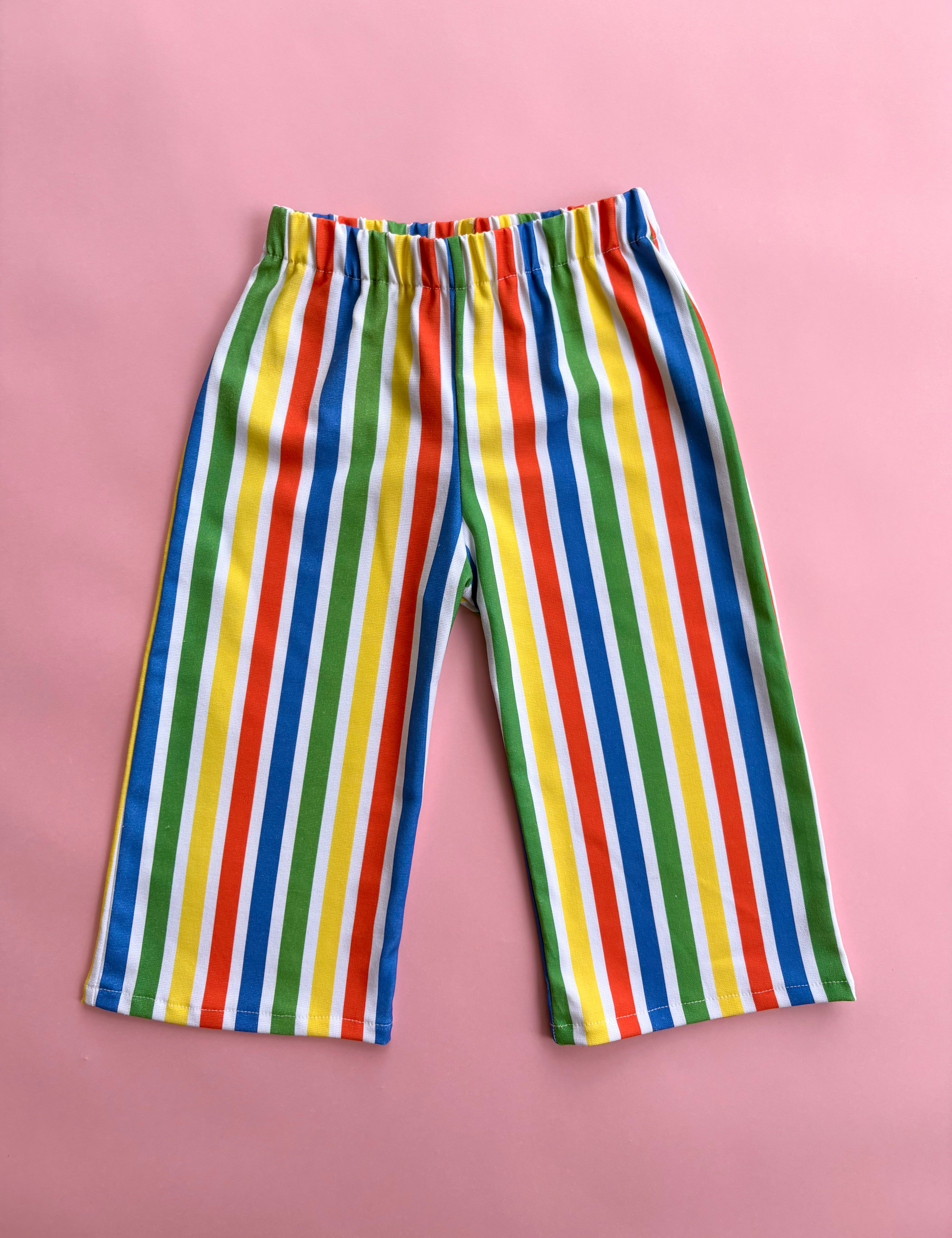 Children’s kids colorful wide leg pants with red green yellow and blue vertical stripe 