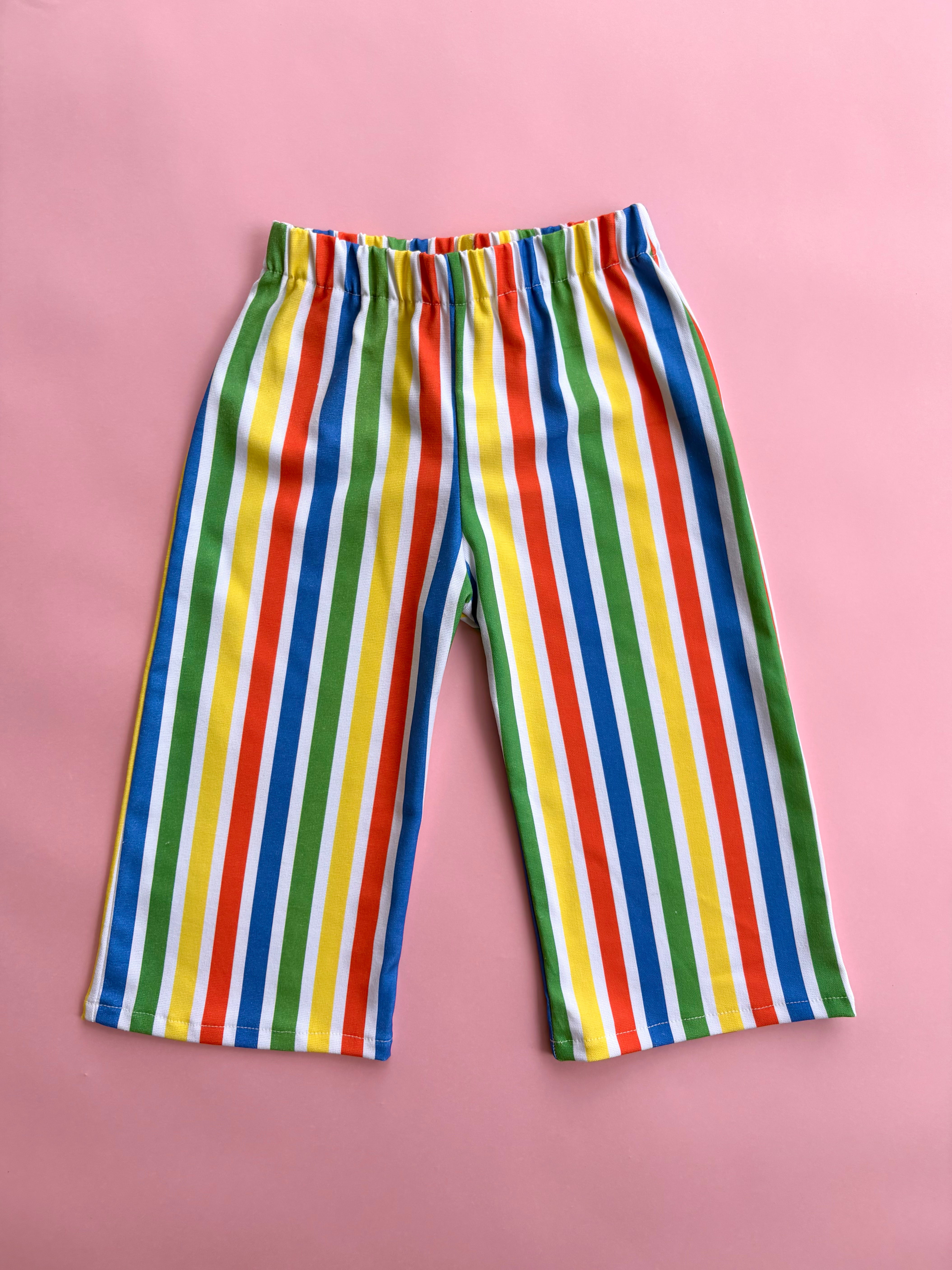 Children’s kids colorful wide leg pants with red green yellow and blue vertical stripe 