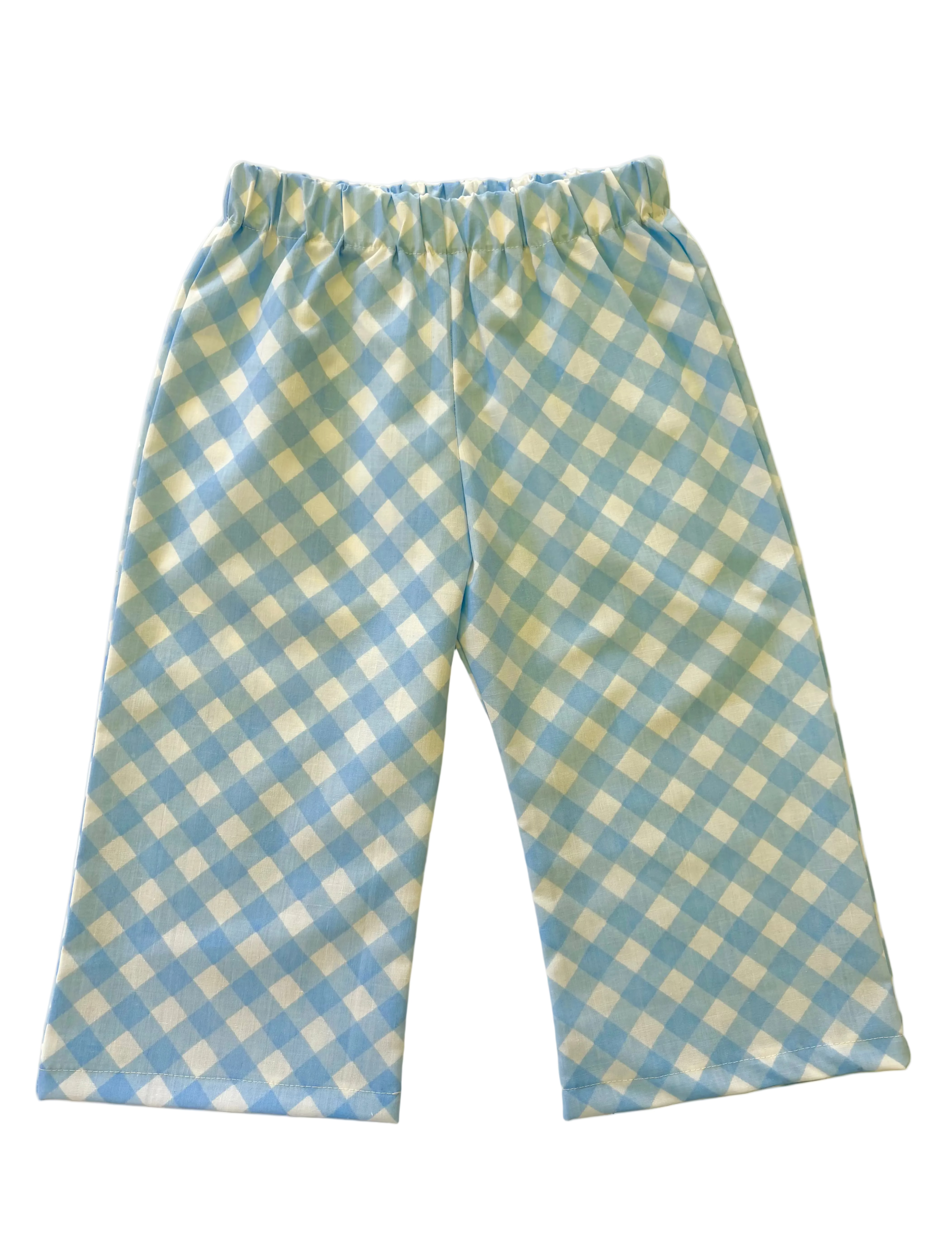 children's Blue and yellow checkered pants on a white background