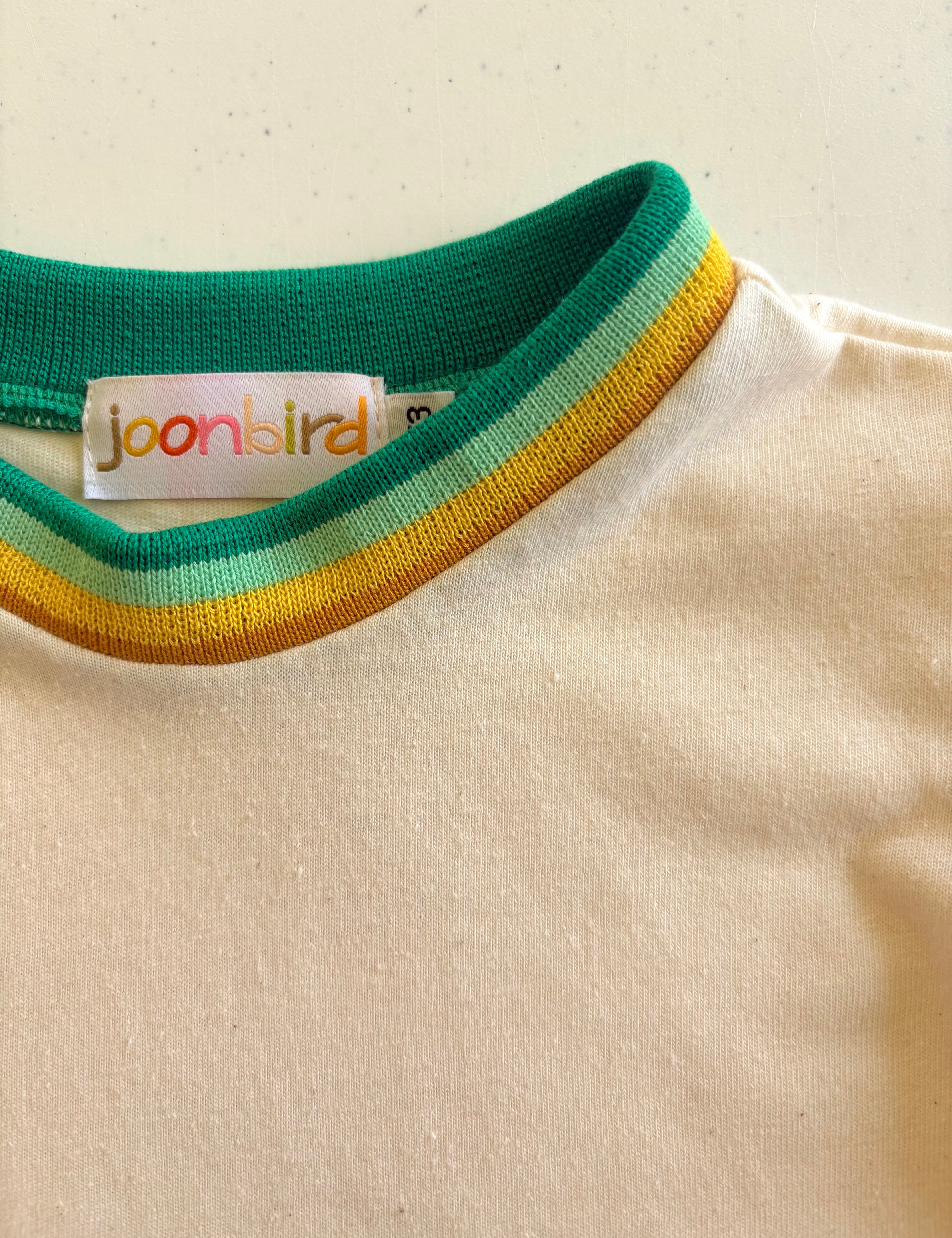 Close-up of a shirt with a colorful collar and 'joonbird' label on a beige background