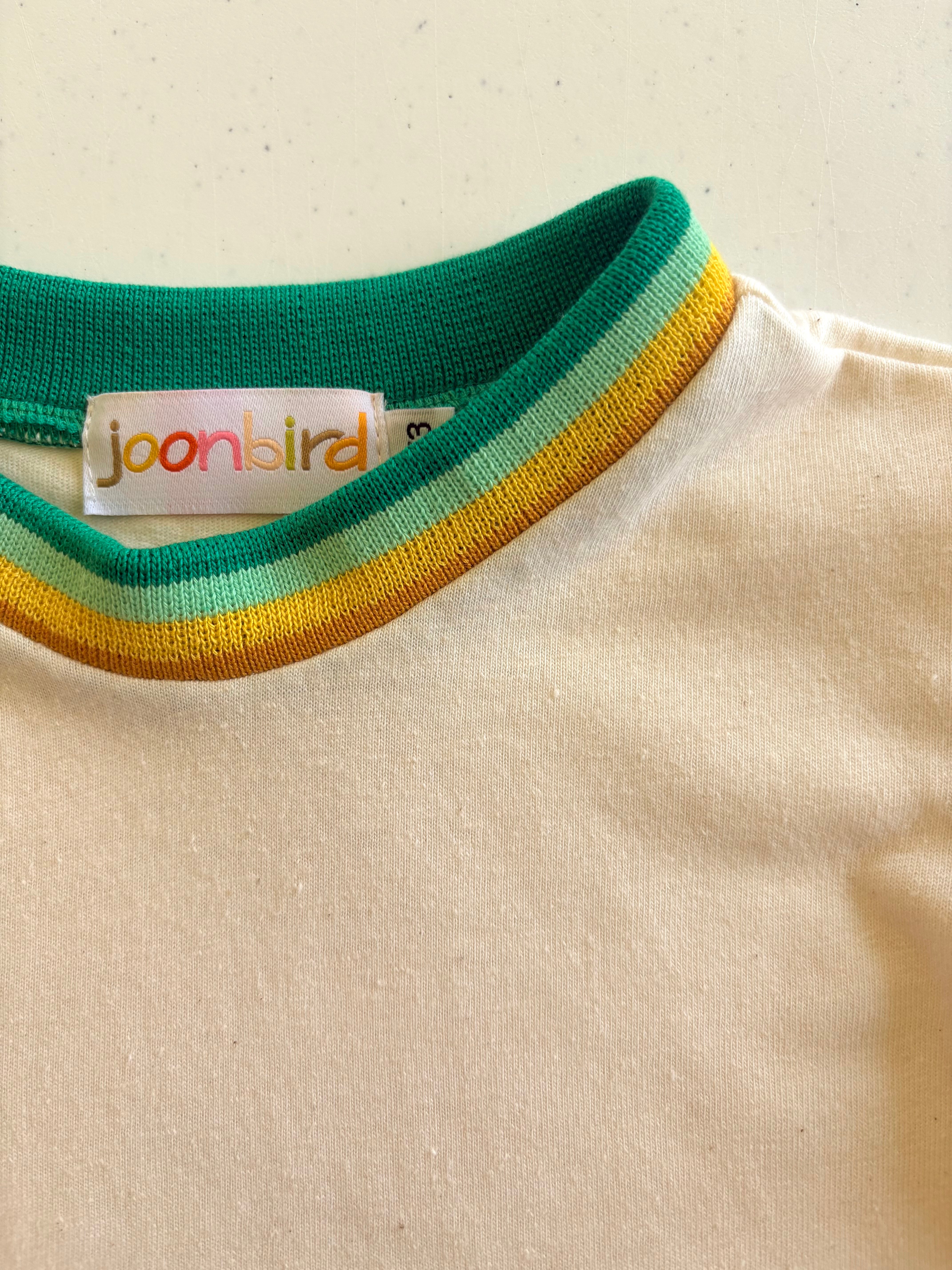 Close-up of a shirt with a colorful collar and 'joonbird' label on a beige background