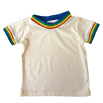 children's white tee shirt with rainbow trim