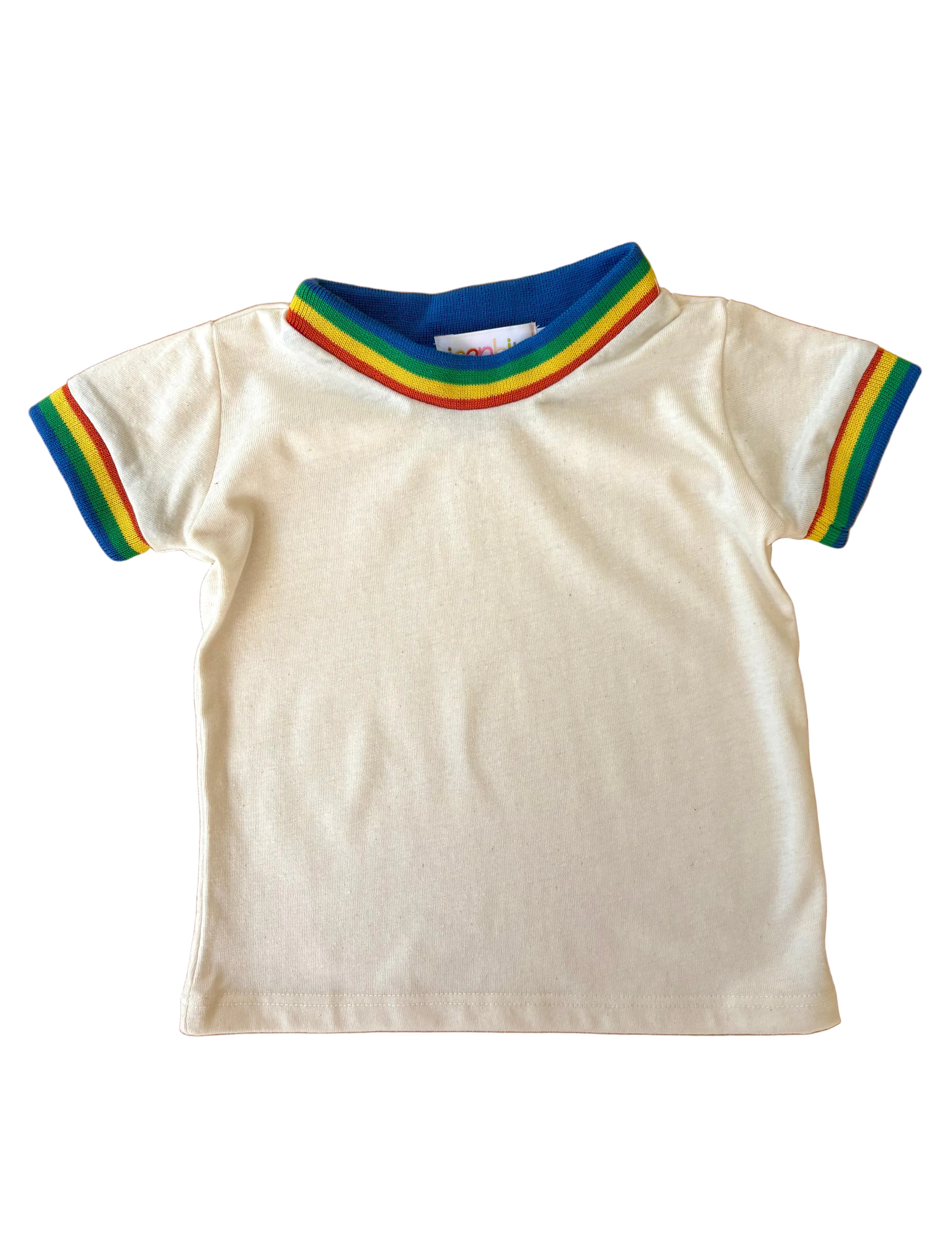 children's white tee shirt with rainbow trim