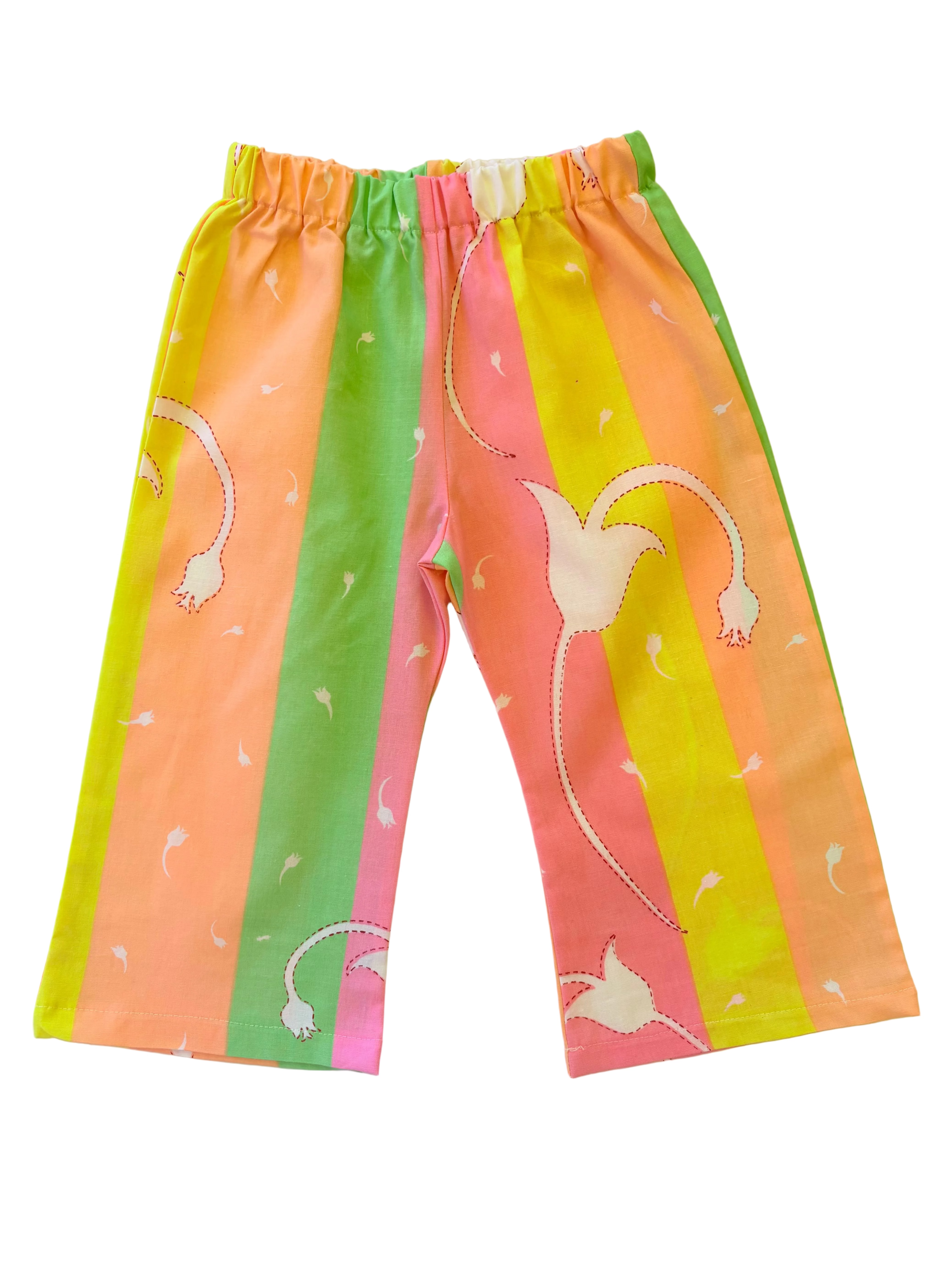 Colorful children's pants with bird design on a light green background
