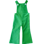 Green overalls with button straps on a white background
