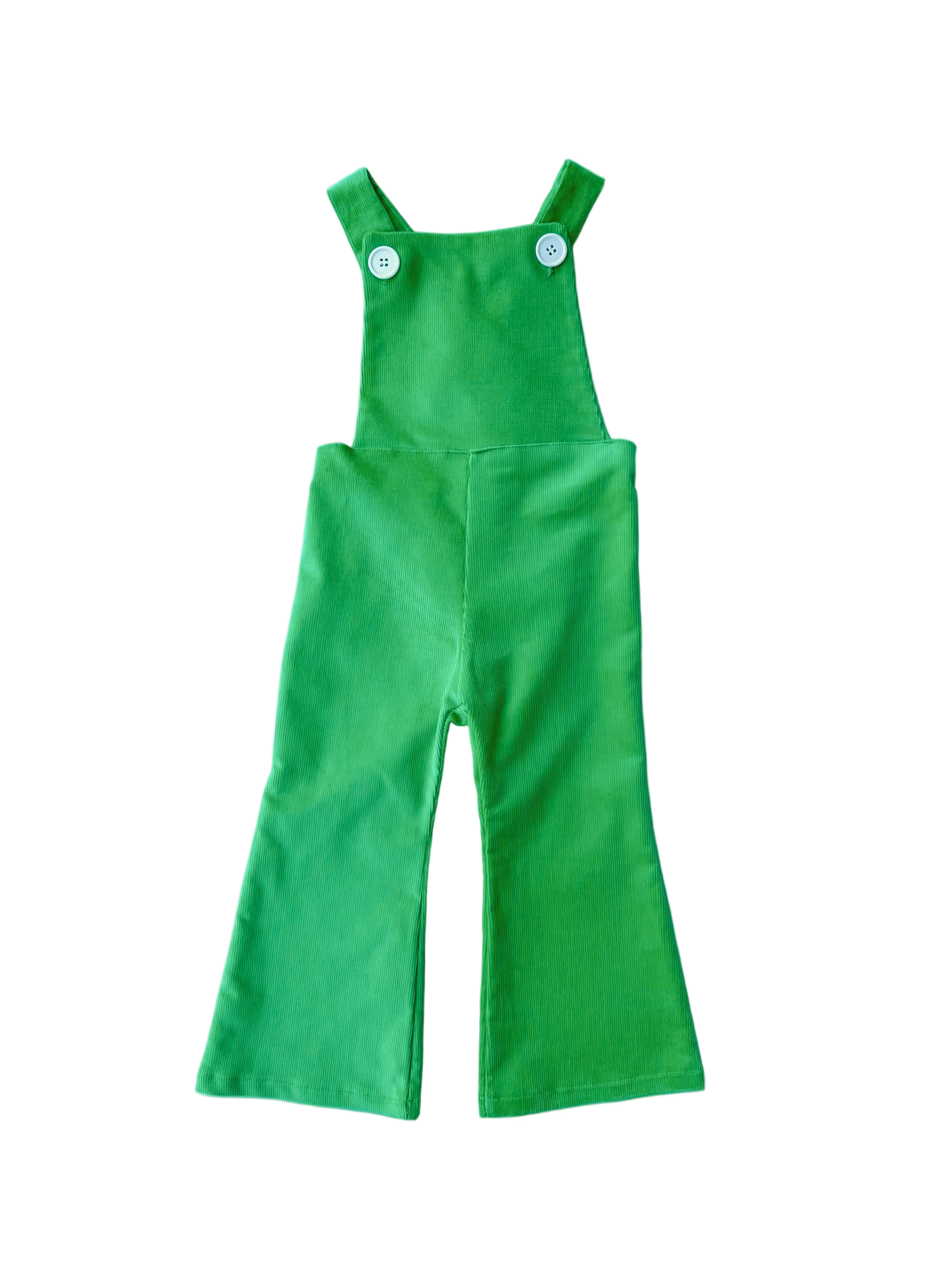 Green overalls with button straps on a white background