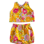 girls colorful vintage inspired shorts and top set with yellow and pink flowers 
