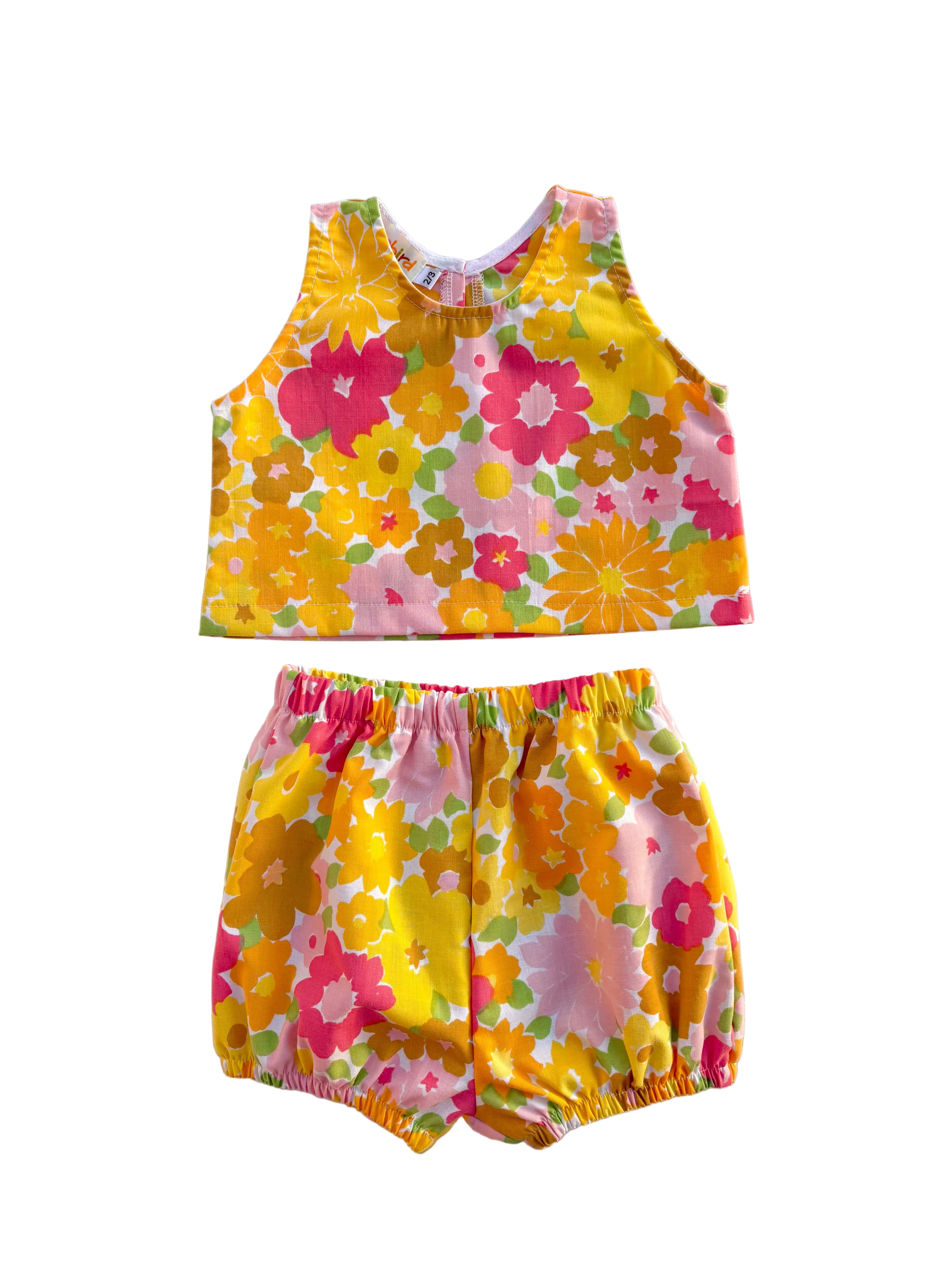 girls colorful vintage inspired shorts and top set with yellow and pink flowers 