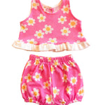 Toddler childrens girls pink tank top and bloomers set with white ruffles