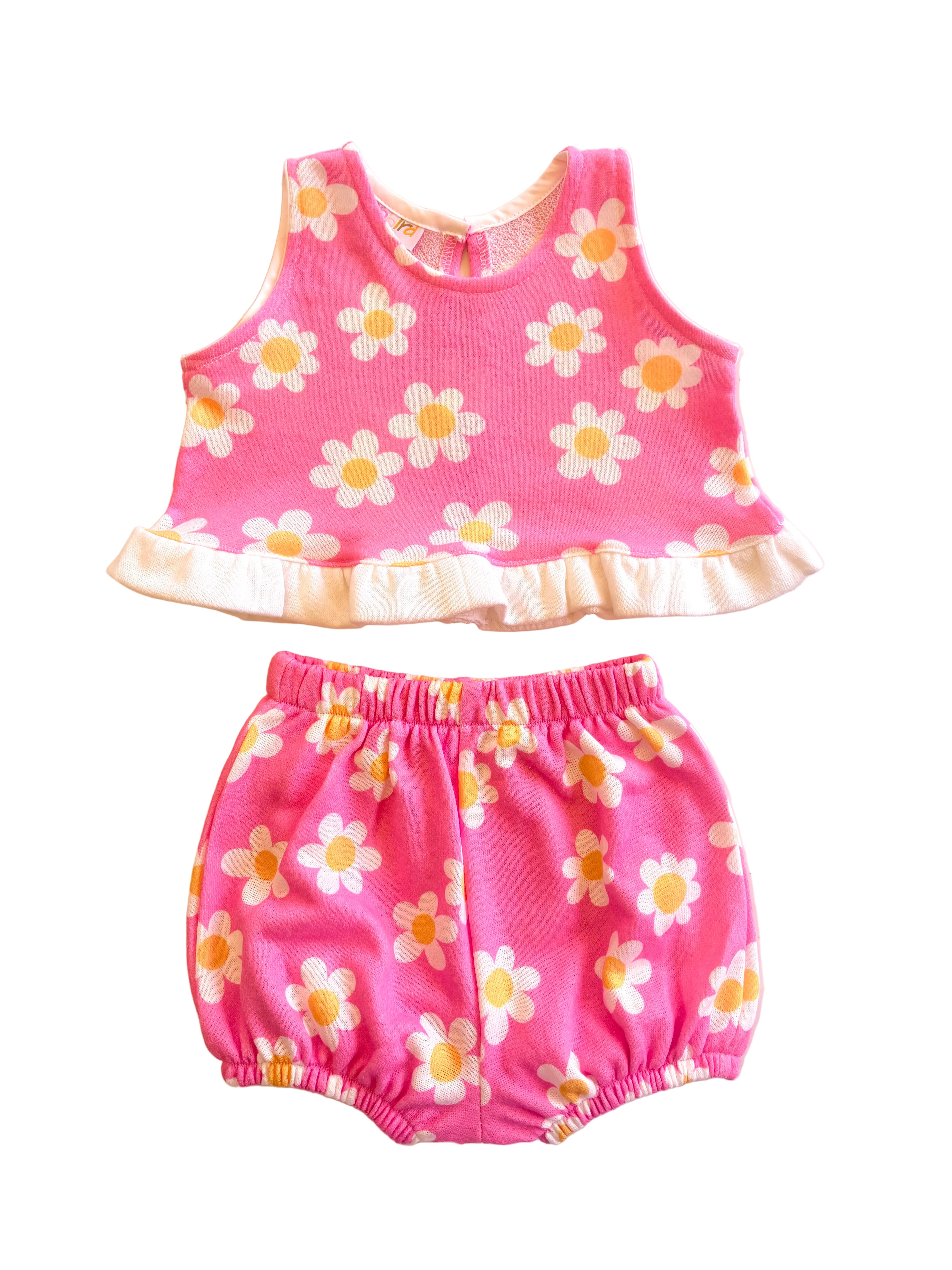 Toddler childrens girls pink tank top and bloomers set with white ruffles