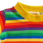 close up of kids rainbow tee with yellow trim
