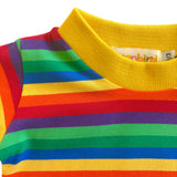 close up of kids rainbow tee with yellow trim