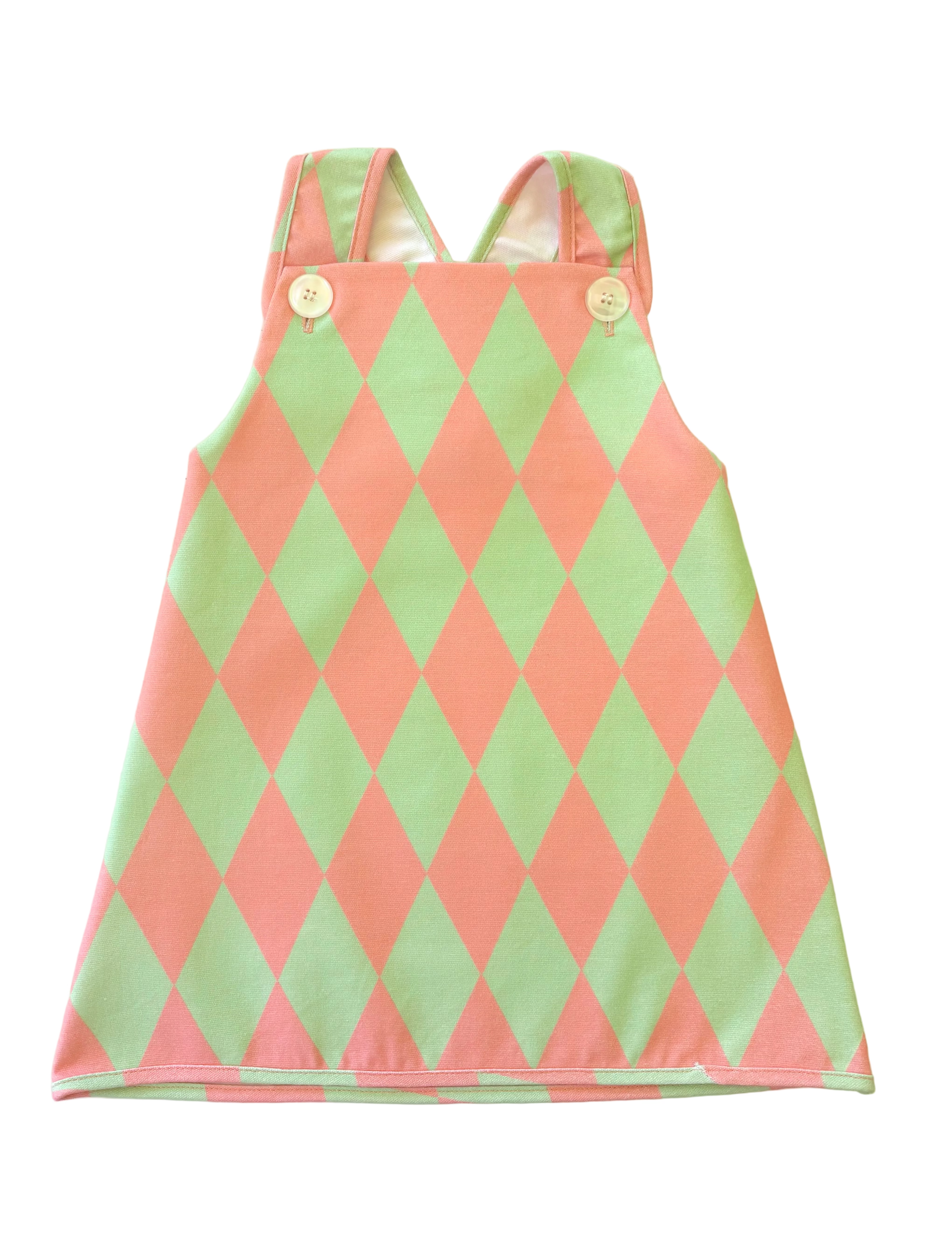 Mint and pink vintage style adorable harlequin-patterned dress with pink and green diamonds on a white background
