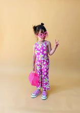 Load image into Gallery viewer, kids pink flower power retro bell bottom overalls