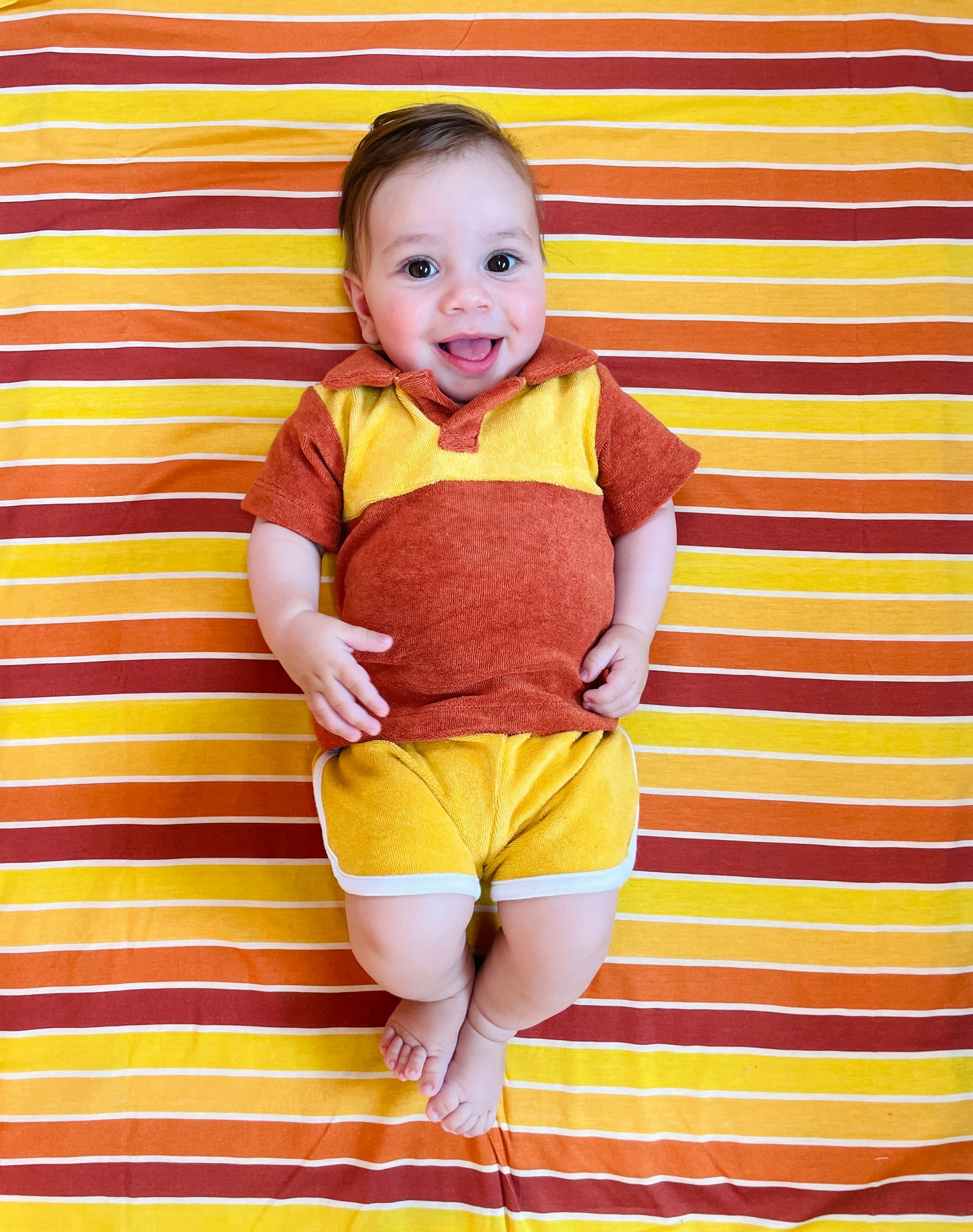 baby boy wearing retro 70s terry cloth polo shirt