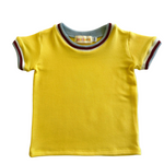 children's 80s style retro yellow ringer tee with trim on a white background 