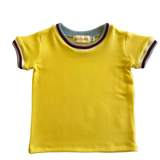 children's 80s style retro yellow ringer tee with trim on a white background 