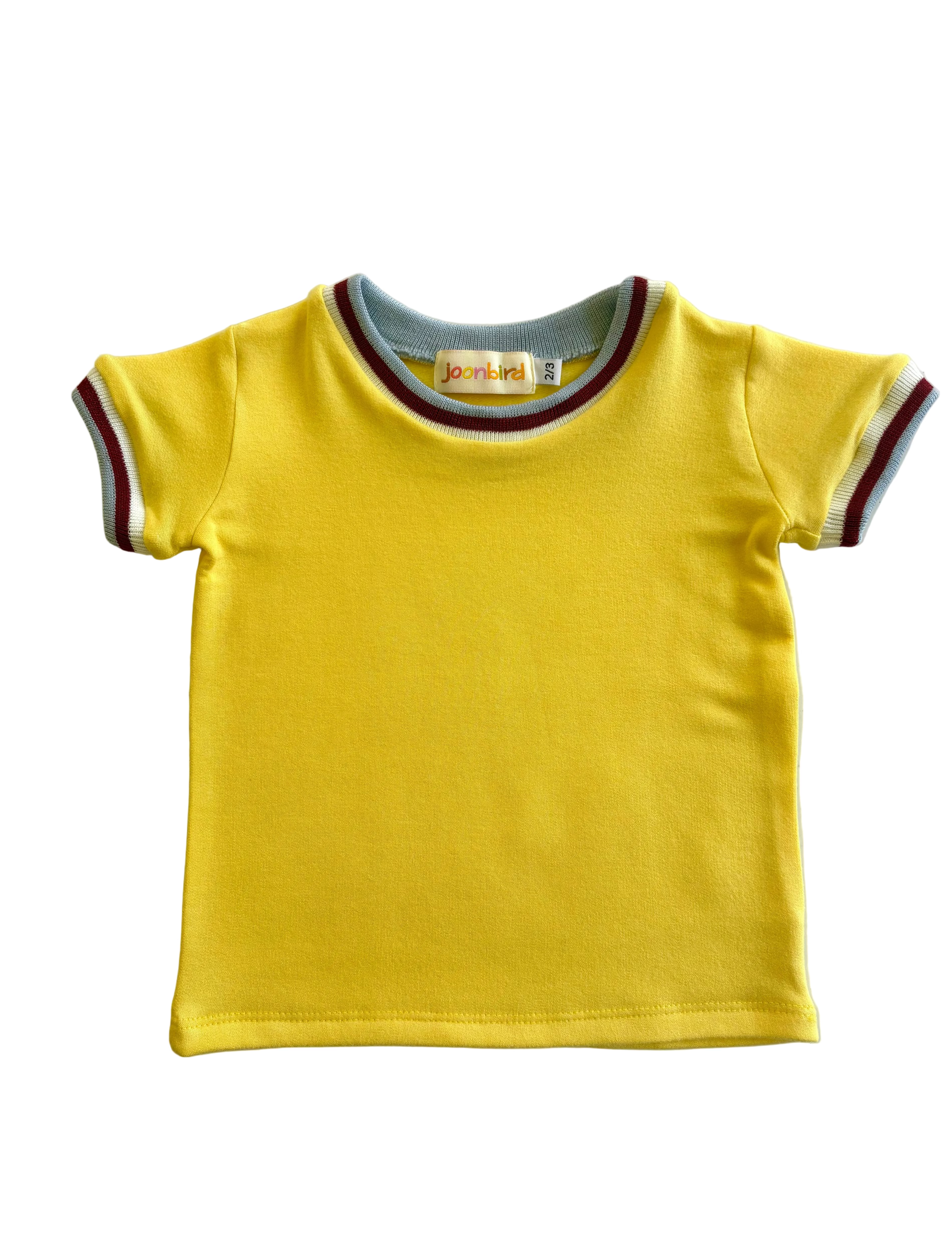 children's 80s style retro yellow ringer tee with trim on a white background 