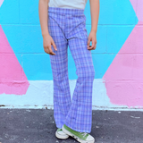 child wearing vintage inspired plaid lavender bell bottom pants 