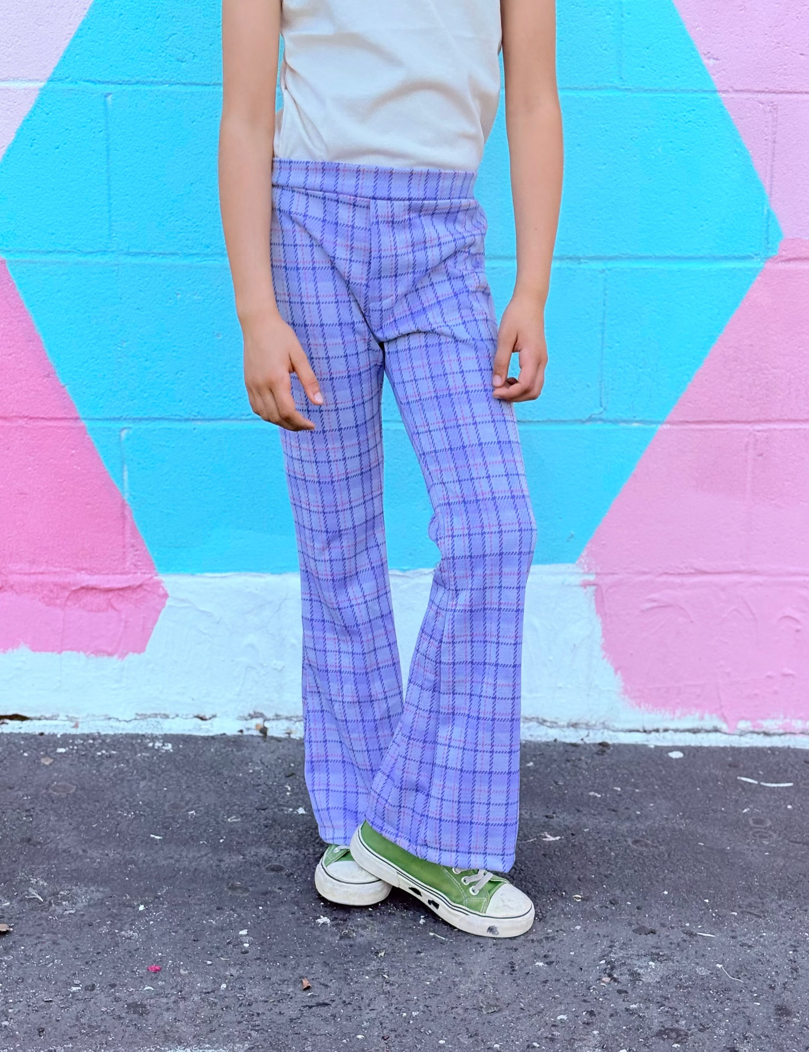 child wearing vintage inspired plaid lavender bell bottom pants 