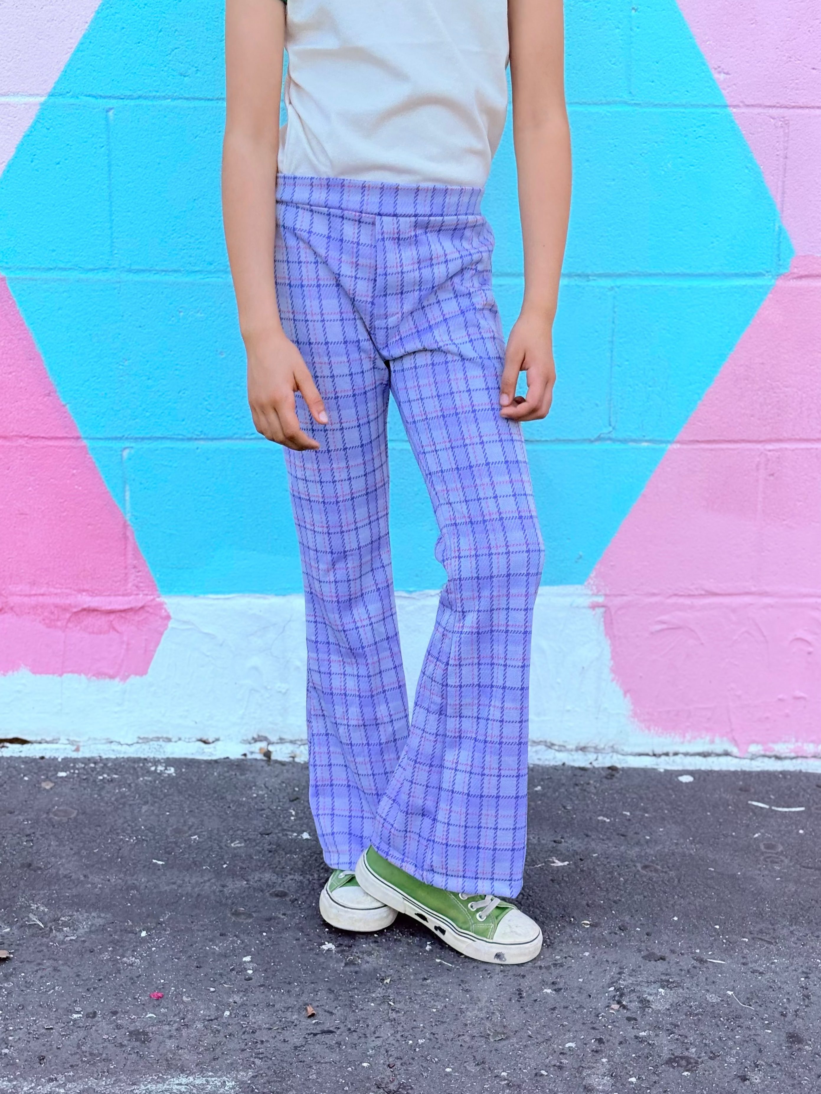 child wearing vintage inspired plaid lavender bell bottom pants 