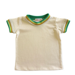 children's kids retro style ringer White t-shirt with colorful trim on a white background