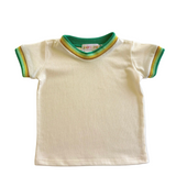 children's kids retro style ringer White t-shirt with colorful trim on a white background