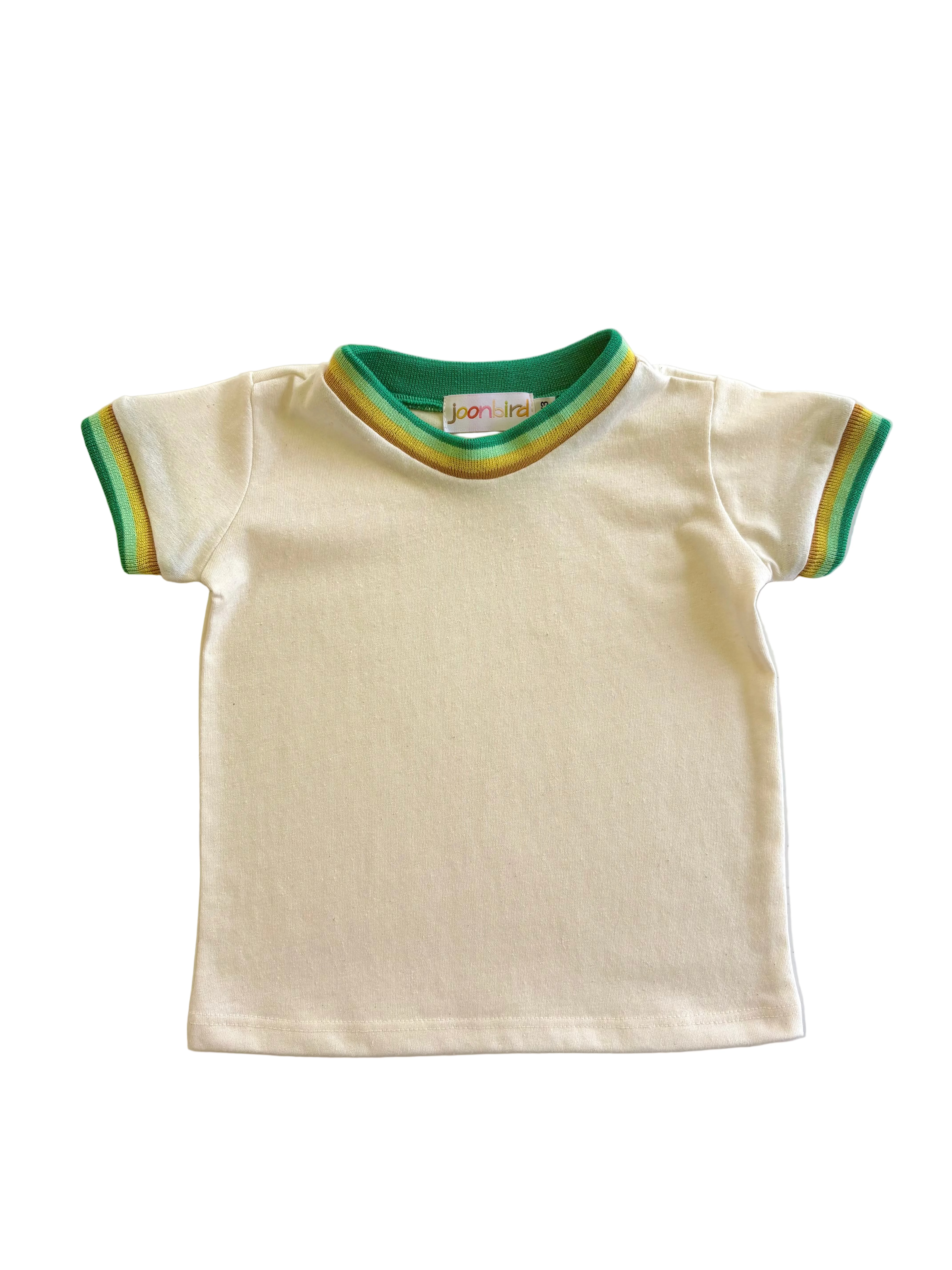 children's kids retro style ringer White t-shirt with colorful trim on a white background