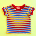 Colorful kids striped shirt with red trim on a yellow background