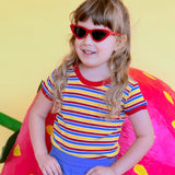 cute girl wearing vintage style striped ringer tee