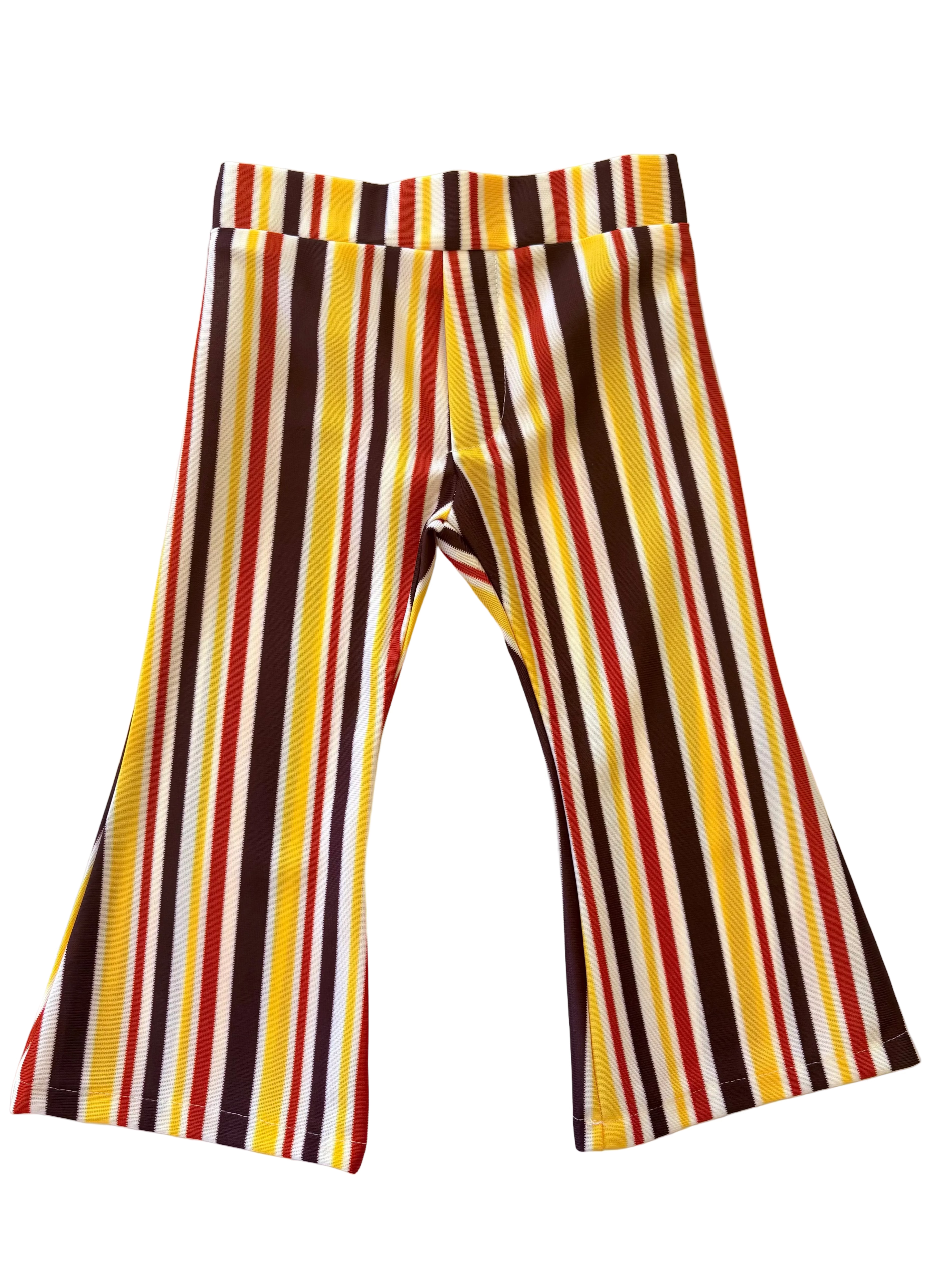 Rad children's vintage Striped pants with red, yellow, and brown colors on a white background